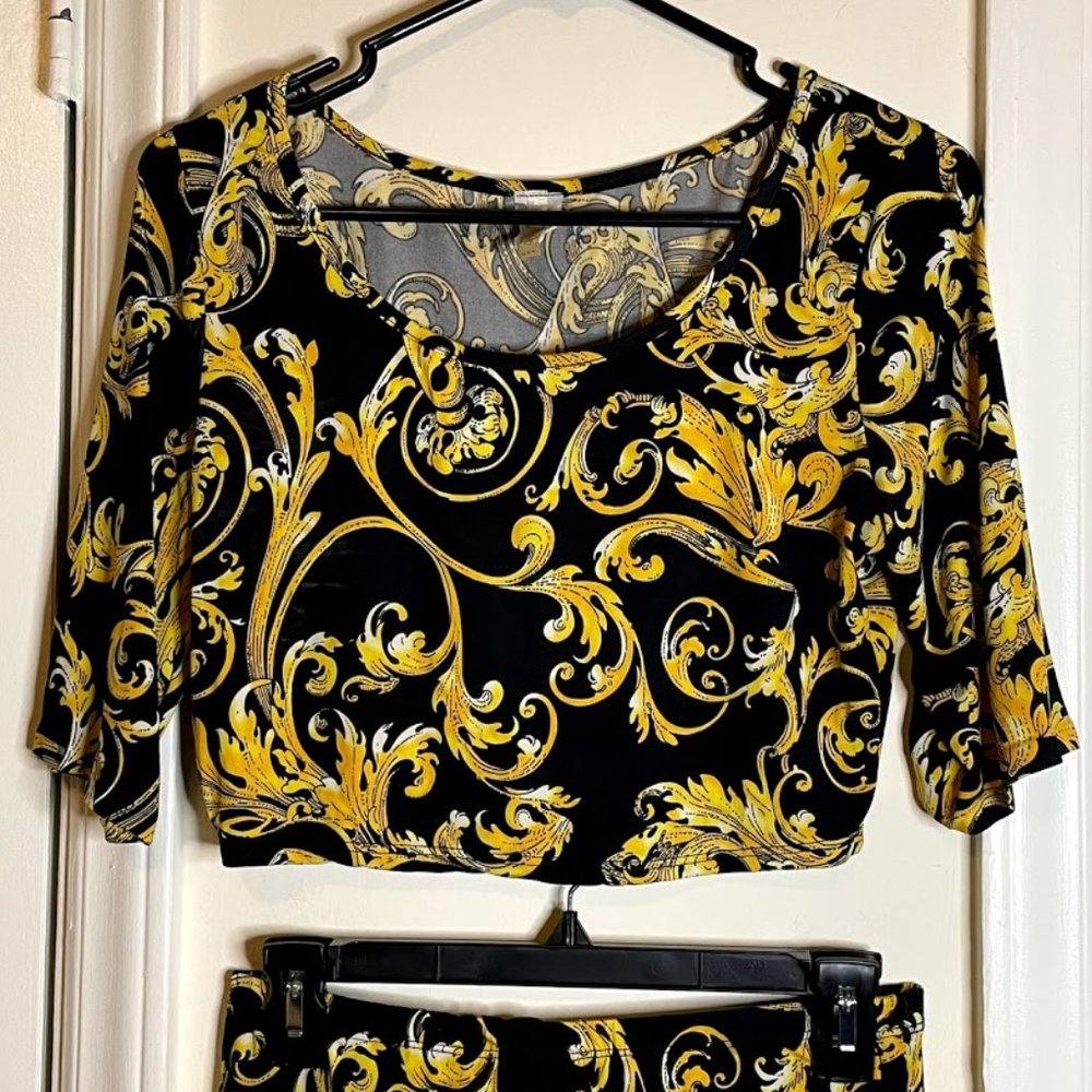 Baroque Print Crop Top Midi Dress Set XL